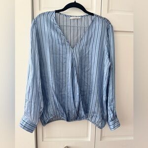 Hence Blue Pinstripe Satin Blouse | Draped V-Neck | Long Sleeve | (Fits M–L)